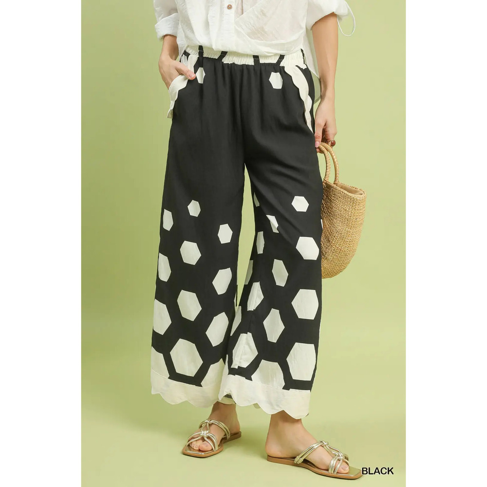 Umgee Black and White Wide Leg Geometric Print Pants